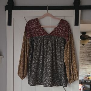 Ces Femme Patchwork V-Neck Blouse in Burgundy, Charcoal & Mustard